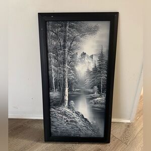 Vintage Black White Riverscape Misty Mountains  Oil Painting By M. Scott 14x27